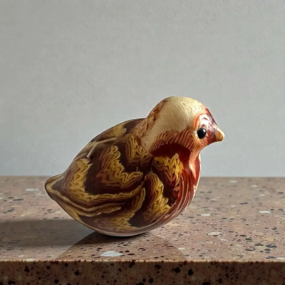 Vintage Sculpted Bird Wax Candle Sparrow Wren Marbled Brown Cream Realistic
